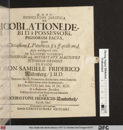 Disputatio Iuridica De Oblatione Debiti a Possessore Pignorum Facta