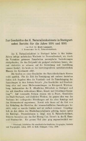 Zur Geschichte des Königlichen Naturalienkabinets in Stuttgart nebst Bericht für die Jahre 1894 und 1895