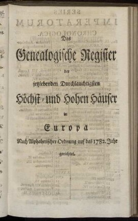 Das Genealogische Register der jetztlebenden Durchlauchtigsten Höchst- und Hohen Häuser in Europa. Nach Alphabetischer Ordnung auf das 1782. Jahr gerichtet
