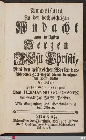 Anweisung zu der hochwichtigen Andacht zum heiligsten Herzen Jesu Christi