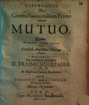 Disputatio De Contractuum realium Primo videlicet Mutuo