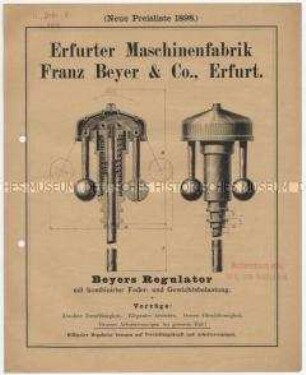 Neue Preisliste über Beyers Regulator mit kombinierter Feder- und Gewichtsbelastung.