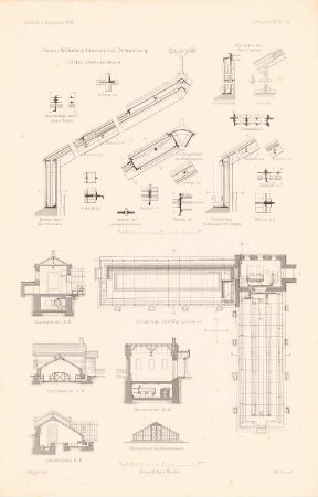 Kleine Gewächshäuser der Wilhelms-Universität Straßburg: Grundriss, Seitenansicht, Schnitte, Details (aus: Atlas zur Zeitschrift für Bauwesen, hrsg. v. G. Erbkam, Jg. 38, 1888)
