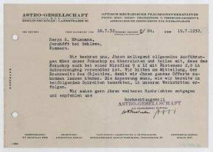 Brief von Astro-Gesellschaft m.b.H an Raoul Hausmann. Berlin