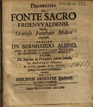 Dissertatio De Fonte Sacro Freienvvaldensi