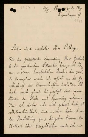 Nr. 11. Brief von Johan L. Heiberg an Ulrich von Wilamowitz-Moellendorff. Kopenhagen, o. J. [1907]