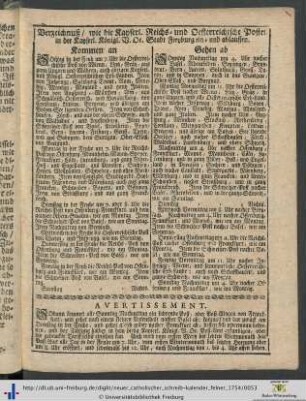 Verzeichnuß/ wie die Kayserl. Reichs- und Oesterreichische Posten in der Kayserl. Königl. V. Oe. Stadt Freyburg ein- und ablauffen.