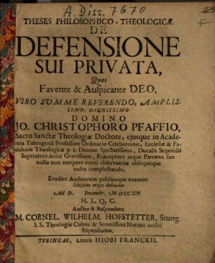 Theses Philosophico-Theologicae De Defensione Sui Privata