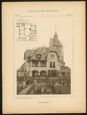 Villa Königsallee, Berlin-Grunewald: Grundriss und Ansicht (aus: Die Villenkolonie Grunewald, hrsg. von Egon Hessling, Berlin 1903)