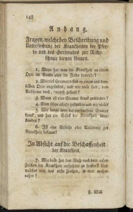 Anhang. Fragen, welche bey Beschreibung und Untersuchung der Krankheiten der Pferde und des Hornviehes zur Richtschnur dienen können.