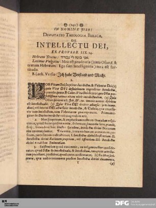 Disputatio Theologiae Biblicae, De Intellectu Dei.