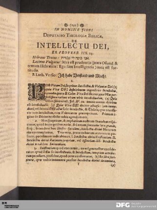 Disputatio Theologiae Biblicae, De Intellectu Dei.