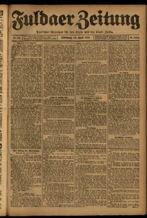 Erste Ausgabe vom Mittwoch, den 20. April 1921.