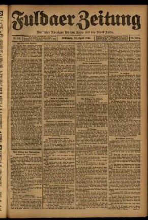 Erste Ausgabe vom Mittwoch, den 20. April 1921.