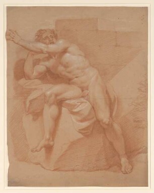 Vouet, Simon: Zeichnungen I, Blatt 11: Auf Felsen sitzende männliche Aktfigur mit Draperie, dahinter Mauerwerk über Felsblock - BSB Cod.icon. 397 a(11