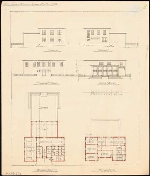 Gymnastikschule am See Monatskonkurrenz Dezember 1932: 3. Variante: Grundriss Erdgeschoss, Obergeschoss; Aufriss Nordostansicht, Nordwestansicht, Südostansicht , Südwestansicht; Maßstabsleiste