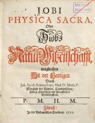 Jobi Physica Sacra, Oder Hiobs Natur-Wißenschafft
