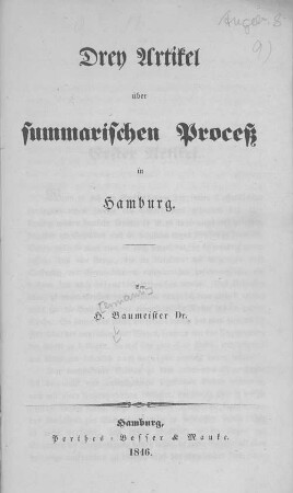 Drey Artikel über summarischen Proceß in Hamburg
