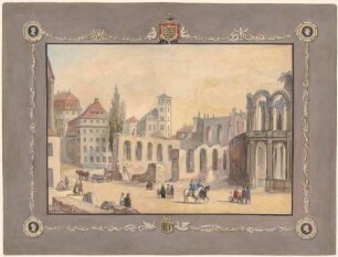 Die Ruinen des Glockenspielpavillons und des Opernhauses am Zwinger in Dresden nach der Revolution im Mai 1849, Blick von Nordosten