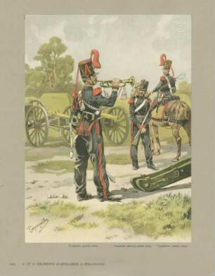 Landschaftsbild: Trompeter in grosser Uniform mit Mütze vor Kanonier mit Gewehr, daneben Hauptmann in grosser Uniform mit Mütze zu Pferd vor zwei Kanonen