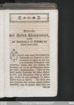 Vorrede des Herrn Charpentier, welche zur Einleitung in die Geschichte des Cyrus dienen kann.