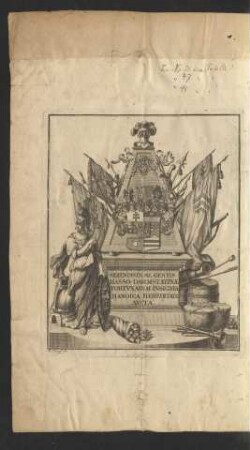 Kupferstich von Martin Tyroff (1704-1759) das Wappen der Landgrafschaft Hessen-Darmstadt darstellend