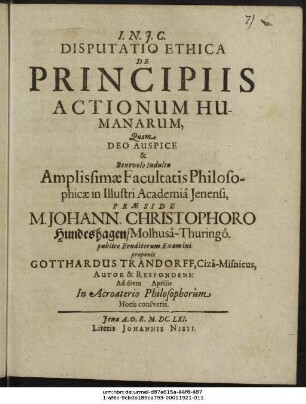 Disputatio Ethica De Principiis Actionum Humanarum