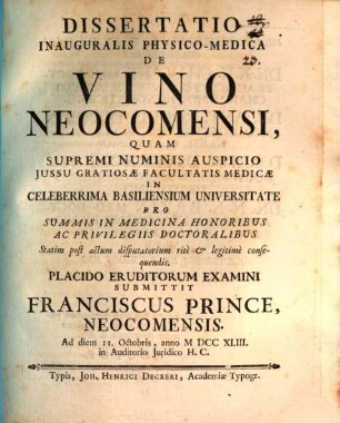 Diss. inaug. phys. med. de vino Neocomensi