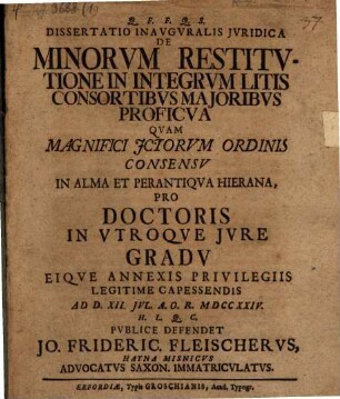 Diss. inaug. iur. de minorum restitutione in integrum, litis consortibus maioribus proficua