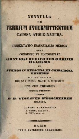 Nonnulla de febrium intermittentium causa atque natura