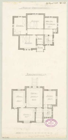 Ländliches Wohnhaus, Berlin-Lichterfelde Monatskonkurrenz April 1881: Grundriss Erdgeschoss, Obergeschoss; Maßstabsleiste