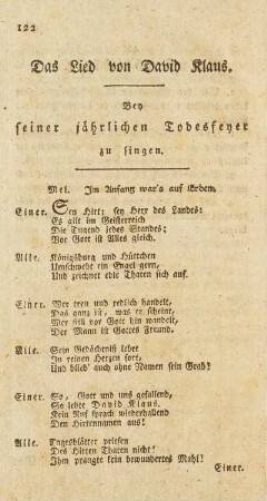Das Lied von David Klaus. Bey seiner jährlichen Todesfeyer zu singen