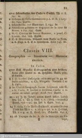 Classis VIII. Geographia - Itineraria - Historia exotica