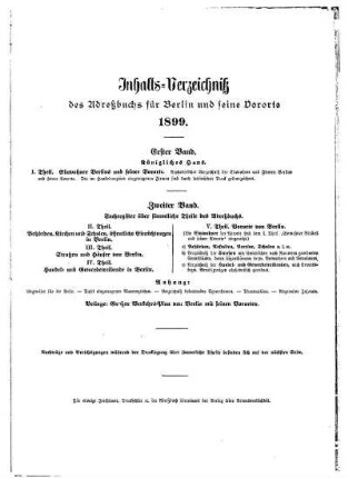 Inhalts= Verzeichniß des Adreßbuchs für Berlin und seine Vororte 1899