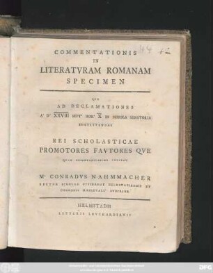 Commentationis In Literatvram Romanam Specimen