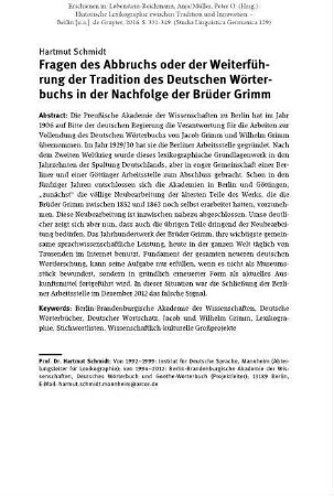 Fragen des Abbruchs oder der Weiterführung der Tradition des Deutschen Wörterbuchs in der Nachfolge der Brüder Grimm