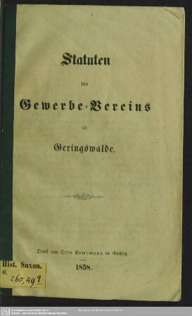 Statuten des Gewerbe-Vereins zu Geringswalde