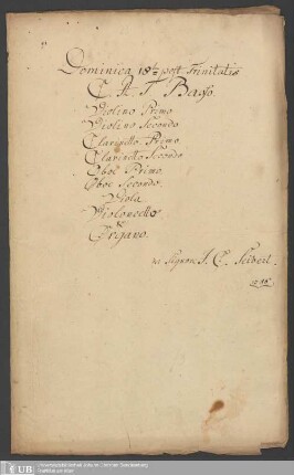 Ms. Ff. Mus. 505 - Dominica 18ten post Trinitatis : C. A. T. Basso, violino primo, violino secondo, clarinetto primo, clarinetto secondo, oboe primo, oboe secondo, viola, violoncello & organo : 1786