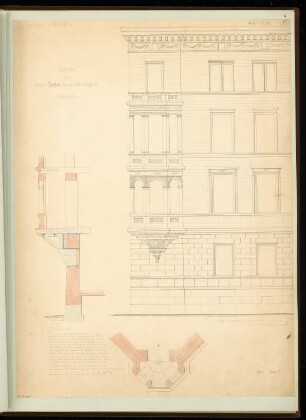 Eckerker für ein dreistöckiges Wohnhaus Monatskonkurrenz Februar 1856: Aufriss, Vertikalschnitt und Horizontalschnitt zur Konstruktion; Maßstabsleiste, Erläuterungstext