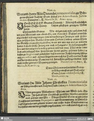 Num. 20. Weyland Hn. Abbt Johann Christoffers Promotoriales an Bürgermeister und Rath der Stadt Höxar pro Administranda Justitia