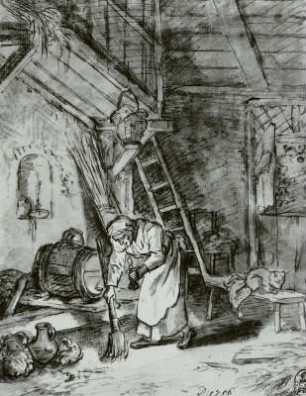 Innenraum mit alter Frau mit Licht und Besen