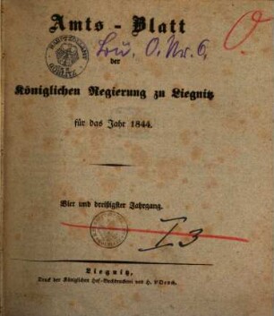 Amts-Blatt der Preußischen Regierung zu Liegnitz. 1844 = Jg. 34