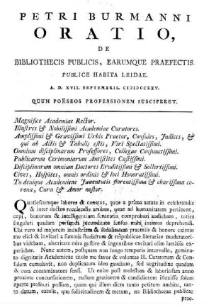 Oratio, De Bibliothecis Publicis, Earumque Praefectis.