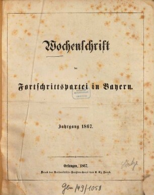 Wochenschrift der Fortschrittspartei in Bayern. 1867