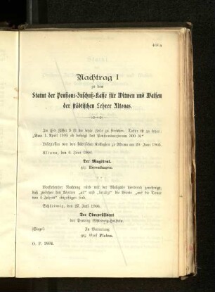 I zu dem Statut der Pensions-Zuschutz-Kasse für Witwen und Waisen der städtischen Lehrer Altonas.