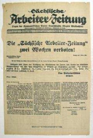 Sonderausgabe der kommunistischen Tageszeitung "Sächsische Arbeiter-Zeitung" mit der Bekanntgabe des befristeten Verbots