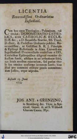 Licentia Reverendissimi Ordinariatus Eustadiani.