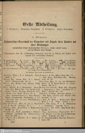 I. Abschnitt. Einwohnerverzeichnis : I. Abschnitt. Alphabetisches Verzeichnis der Einwohner mit Angabe ihres Standes und ihrer Wohnungen