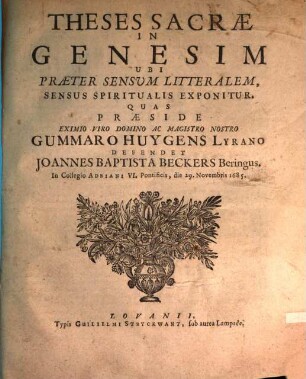Theses sacrae in Genesim, ubi praeter sensum litteralem, sensus spiritualis exponitur