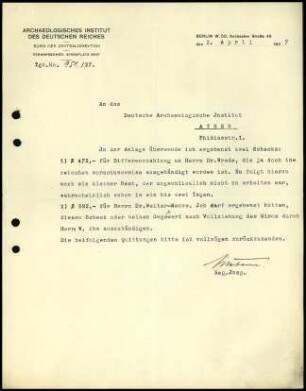 Schreiben; Büro der ZD an DAI Athen (Schecksendungen)